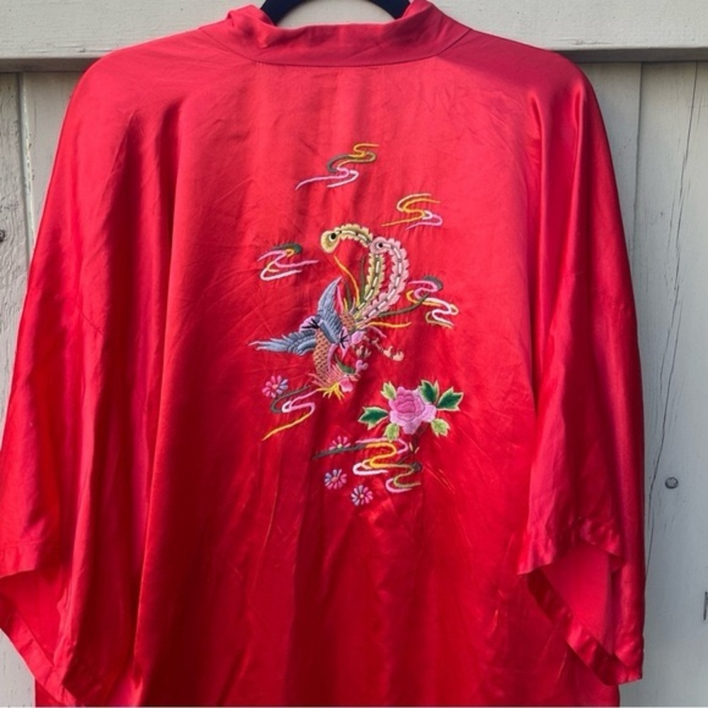 Vintage 70s Red Satin Embroidered Kimono Bath Robe